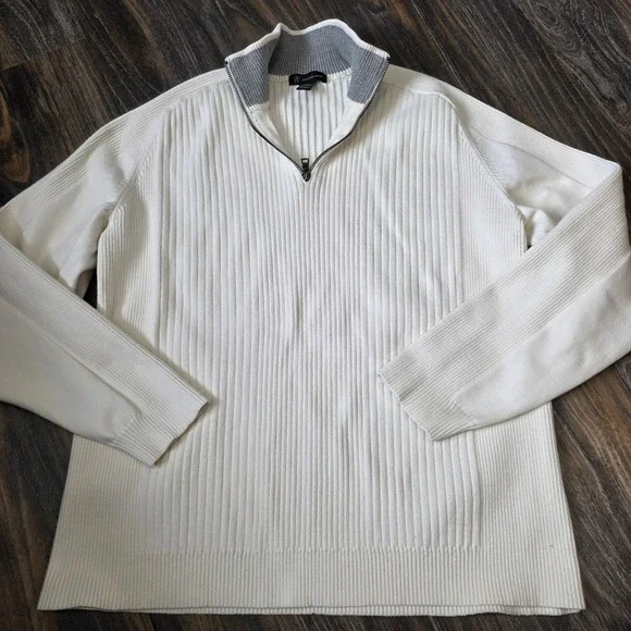 INC International Concepts Mens White Ribbed Quarter Zip Sweater XL Cotton Blend