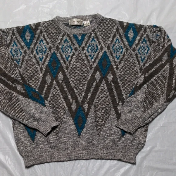 Vintage 90s Wool Abstract Print Grandpa Hipster Crewnwck Sweater Sz XL Grey