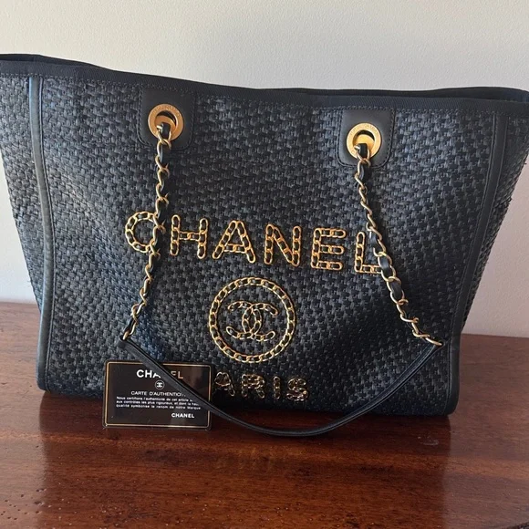 CHANEL Straw Raffia‎ Calfskin Chain Deauville Tote Black