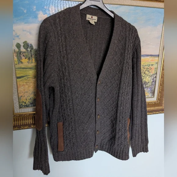 Woolrich Wool Dark Brown Cardigan with Suede Patches Large