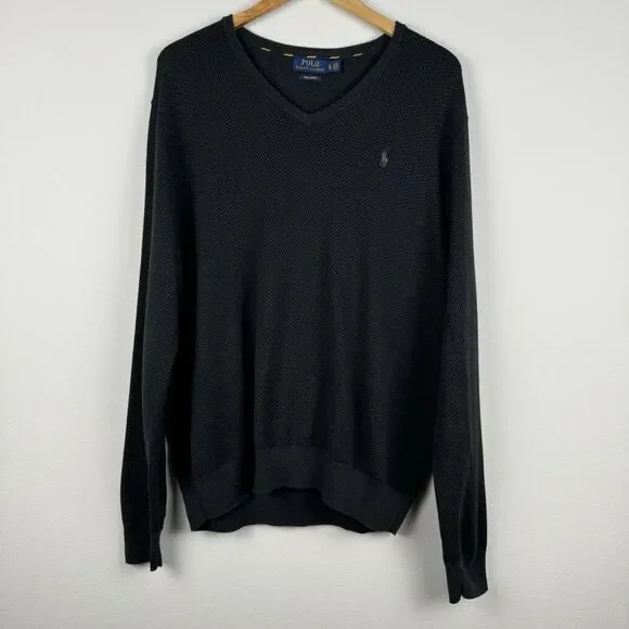 POLO RALPH LAUREN Mens XL Black Pima Cotton V-Neck Long Sleeve Sweater Pullover