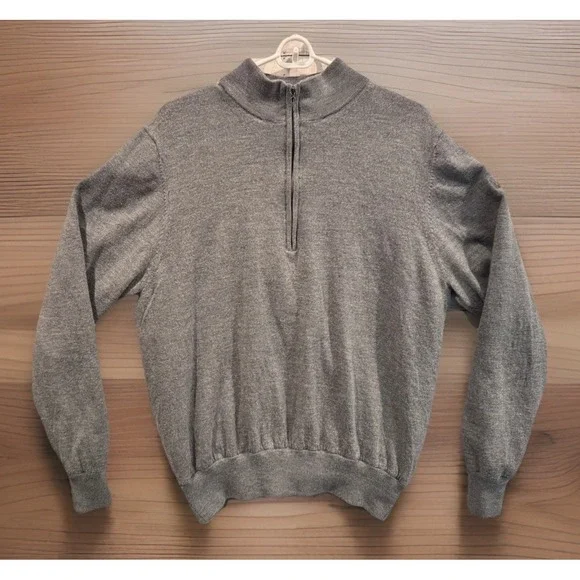 TURTLESON Mens 1/4 Zip Sweater L Gray Pullover Merino Wool Insulated Golf Logo