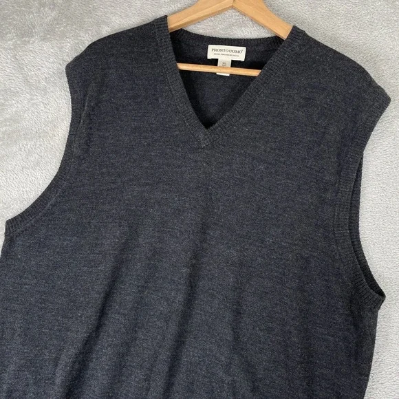 Pronto Uomo Sweater Vest Mens XL Gray Extra Fine Merino Wool V Neck Preppy