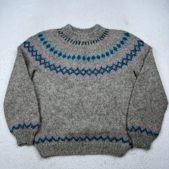 FRON Enterprises Icelandic Wool Sweater Mens Large Gray Fair Isle Crewneck