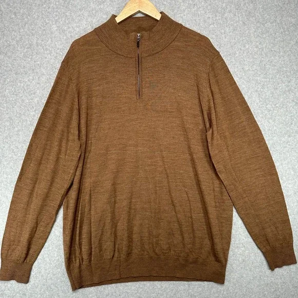 Thomas Dean Mens‎ Brown 1/4 Zip Sweater ExtraFine Merino Wool Acrylic Blend XXL