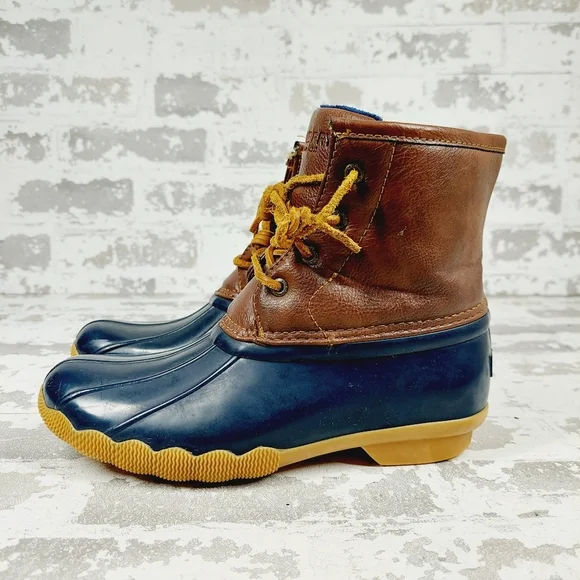 Sperry Saltwater Duck Rain Blue Brown Leather Lace Up Zipper Ankle Boots K338