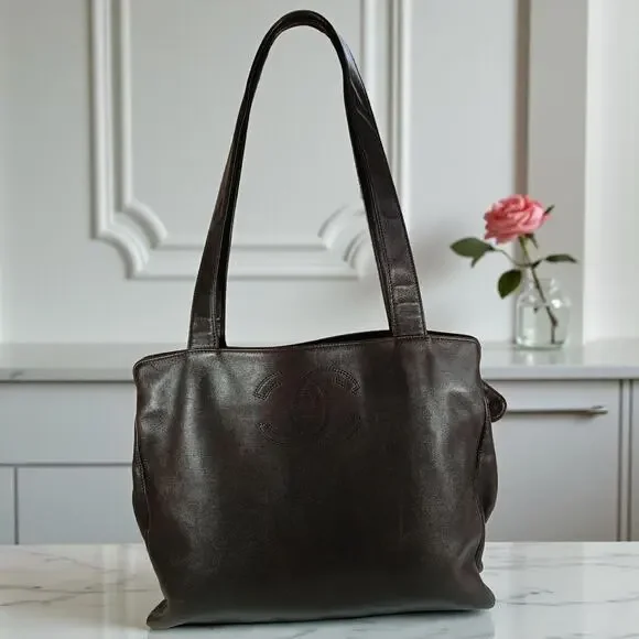 AUTHENTIC CHANEL CC Brown Coco Mark Lambskin Leather Tote Bag MSRP $6,700