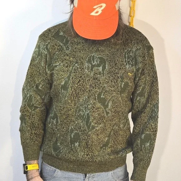 VTG X + Y Knit Wool XL Sweater Acrylic‎ Green Animal Pattern Knit Crewneck 1990s