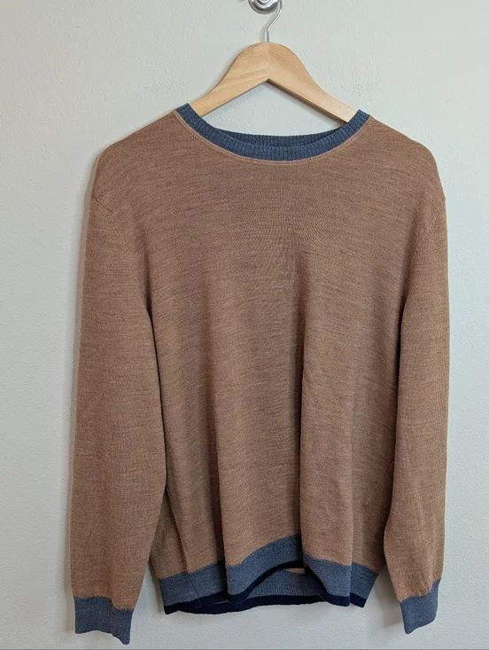 Tasso Elba Merino Wool Blend Crewneck Sweater XXL Camel Blue Stripe Colorblock