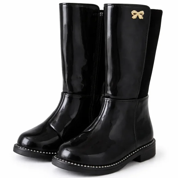 NWT The Children’s Place Toddler Girls Black Rain Boots Gold Bow Size 7