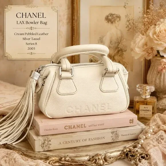Chanel LAX Bowler Bag Cream Pebbled Leather Silver Tassel Series 8 2003