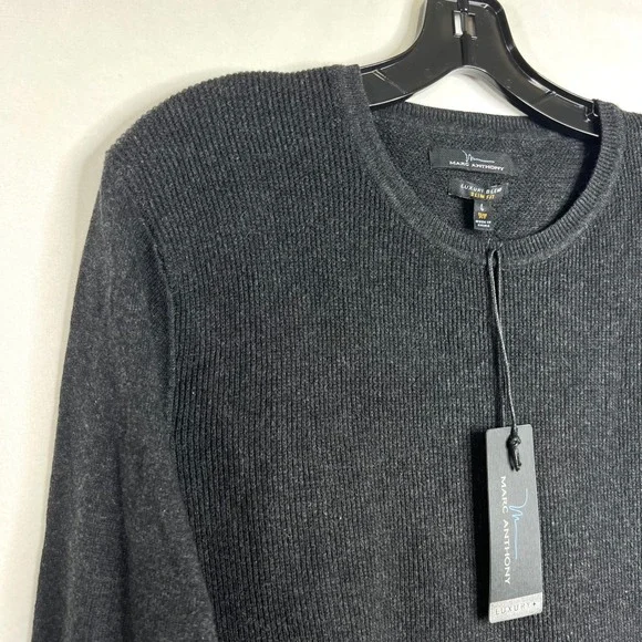 Marc Anthony Charcoal Crewneck Sweater Mens Large Slim Fit Luxe Tuck Stitch Crew