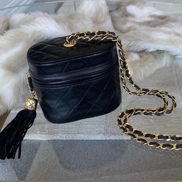 Authentic CHANEL vintage mini vanity bucket 24k gold black lambskin leather bag