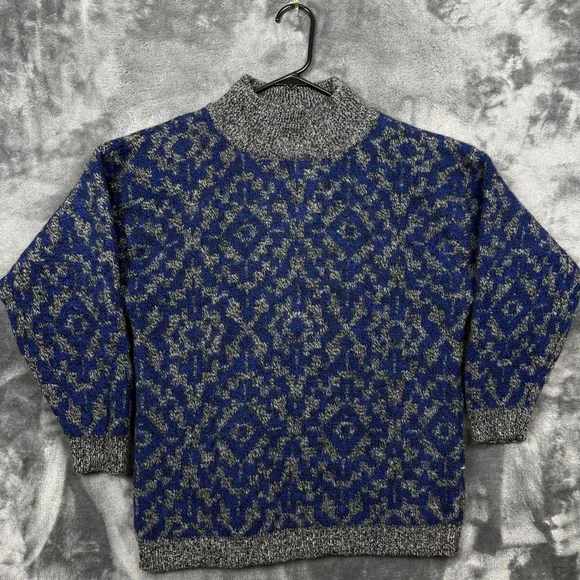 Benetton Sweater Mens 46 Blue Excellent Shetland Wool Geometric Mock Neck Italy