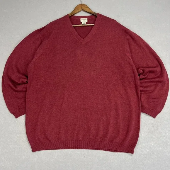 VTG LL Bean Sweater Men's 2XLT Tight Knit Cotton V-Neck Long Sleeve Red 90s