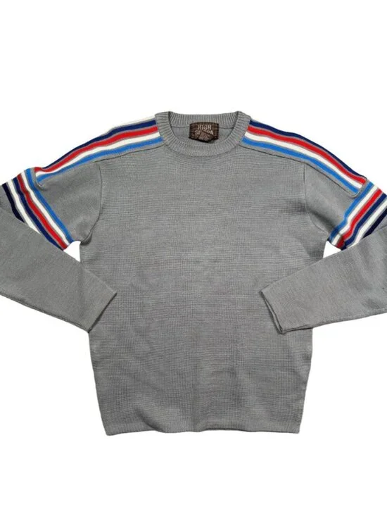 Vintage High Sierra Sweater Mens Large Gray Stripe Ski Skiing Knit Crewneck