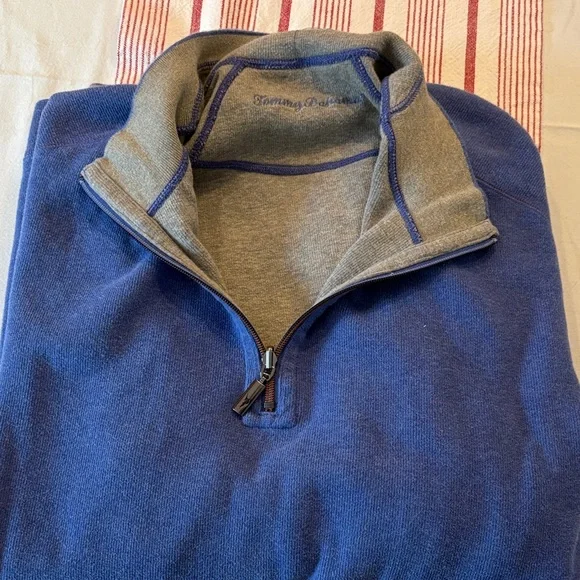 Tommy Bahama Men's Reversible Blue   and Gray 1/4 Zip Sweater