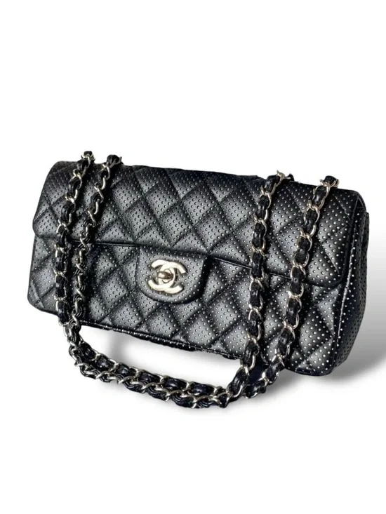Chanel East West Classic Shoulder Flap Bag Quilted Black Perforated Leather