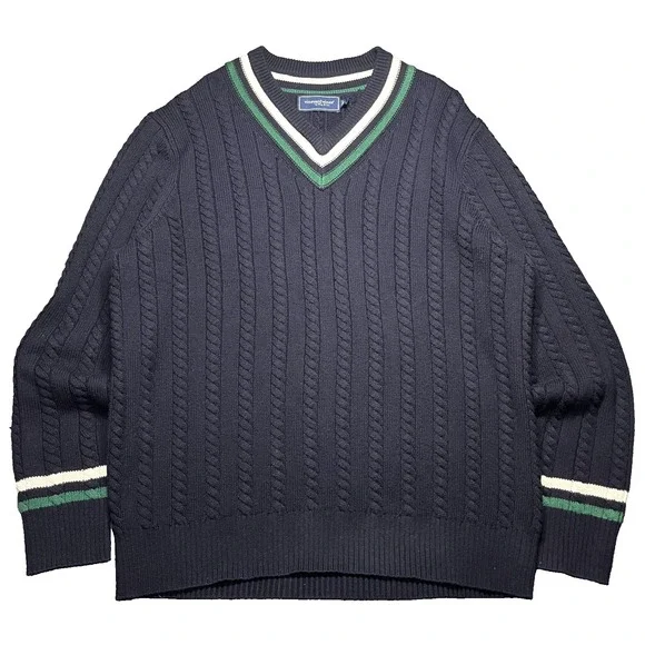 Vineyard Vines Tennis Merino Wool Sweater Men's Large Navy Cable Knit V Neck