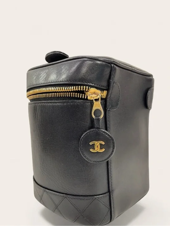 Vintage Chanel Black Caviar Leather Vanity Case Top Handle  Bag Gold Hardware