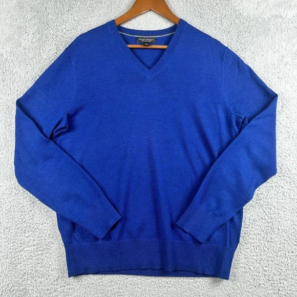 Banana Republic 100% Extra‎ Fine Merino Wool V-Neck Sweater Mens Large Blue Knit
