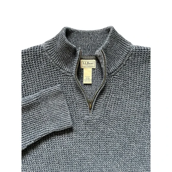 LL Bean Organic Cotton Waffle Knit 1/4 Zip Fisherman's Sweater Blue Men's XXL