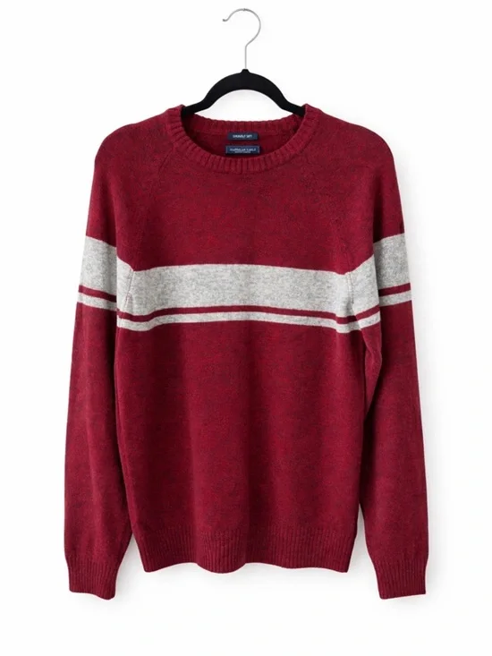 American Eagle Sweater Men’s Large Red Gray Stripe Crewneck Soft Cozy