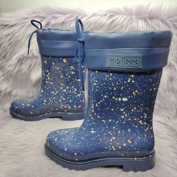 Mini Melissa Rain Boot Girls Kids Size 2 Blue Paint Splatter
