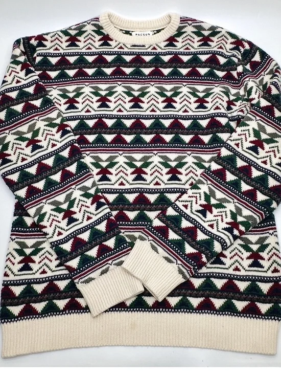 PacSun Men's Cream Fair Isle Crewneck Sweater Aztec design size Large (E43)
