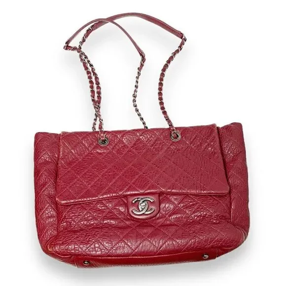 Chanel Large Duo Tote Bag Burgundy Calfskin Ruthenium Gunmetal Hardware Preowned