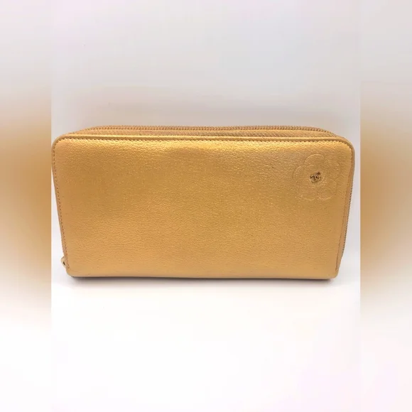 Chanel Camelia Flower Zip Around Gold Leather Wallet