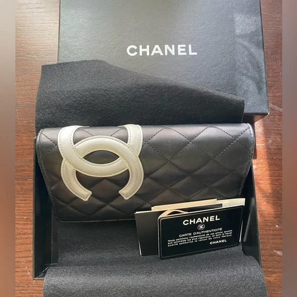 Chanel Quilted Calfskin Black Cambon Line Silver Leather Long Wallet