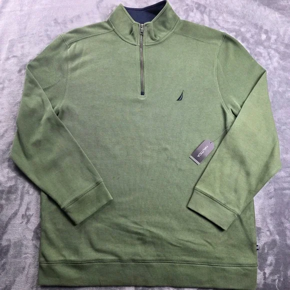 Nautica Quarter Zip Pullover Mens XXL Green Ribbed Cotton Mock Neck‎ Sweater