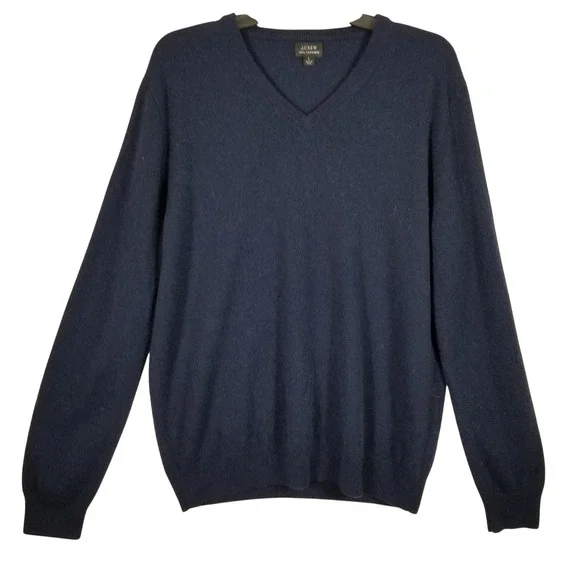 J.Crew Mens Navy Blue 100% Cashmere V-Neck‎ Sweater Size Large L Long Sleeve