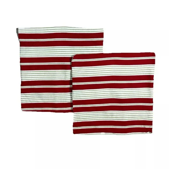 2 Handmade Waverly Pillowcases Shams Covers Pair Red Green White Stripe Euro 17