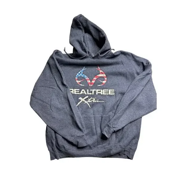 Men’s XXL RealTree Hoodie, American Flag Logo – Cotton/Poly Blend