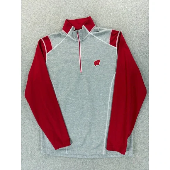Wisconsin Badgers Stitched Logo‎ 1/4 Zip Campus Pullover (Men's Medium) Gray/Red