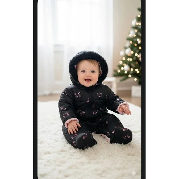 NEW WIPPETTE KIDS Infant Snowsuit 0-3 Months Black Pink Cats Kitty‎