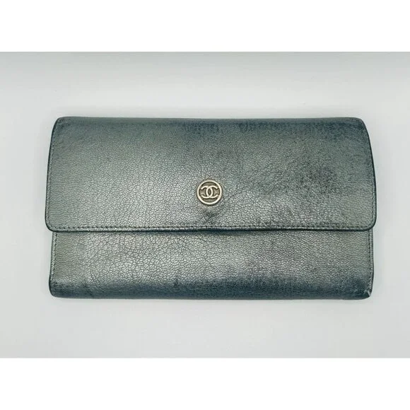 Chanel Metallic Grey Leather Long Wallet‎ with CC Logo COA