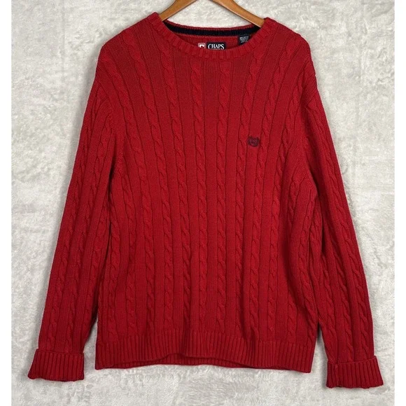 Vintage Mens Chaps Cable Knit Sweater Chunky Large Red Fisherman Y2K 90s Preppy