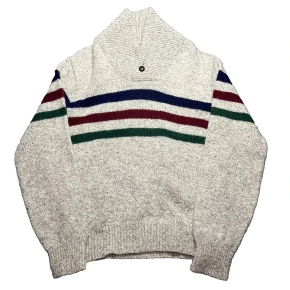 Vintage EDDIE BAUER Wool Blend Shawl Collar Knit Sweater Stripes Mens Small READ