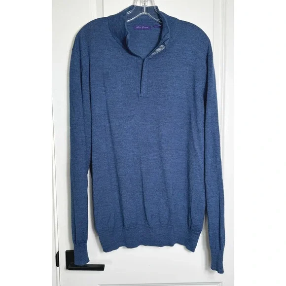 Alan Flusser Men's Blue Merino Wool Blend 1/4 Zip Sweater‎ XXL