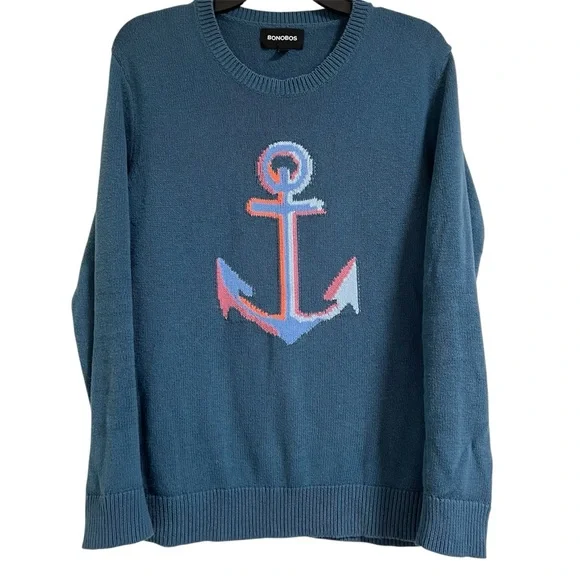 Bonobos Teal Crewneck Sweater with Anchor Design Slim Small