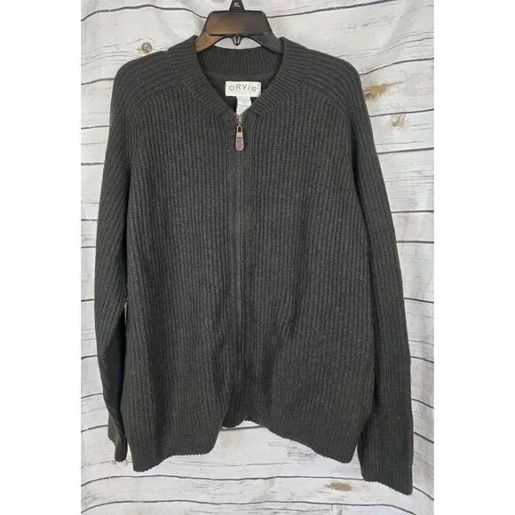 Orvis Vintage Olive Green Lambswool Blend Sweater Mens XL Cardigan Full Zip