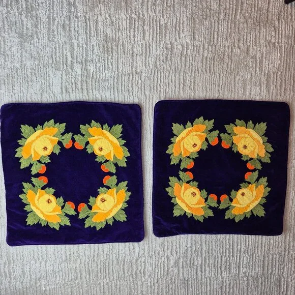 Vintage Applique Embroidered Throw Pillow Covers Deep Purple  Set of 2