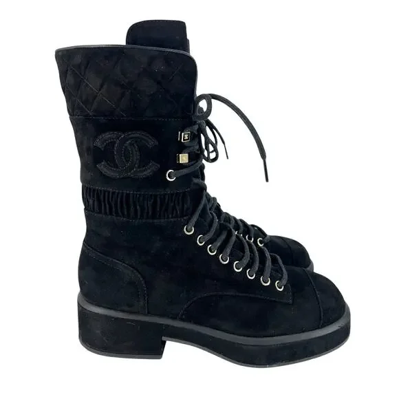 Chanel CC Suede Quilted Lace Up‎ Combat Cap Toe Boots in Black
