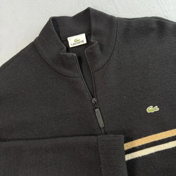 Vintage Lacoste Full Zip Sweater Mens 5 / L Black Striped Mock Neck Wool Blend