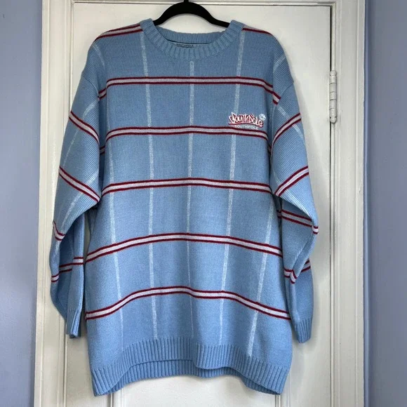 Y2K Vintage SouthPole Sweater Baby Blue Red Stripe Embroidered Men's Size Large