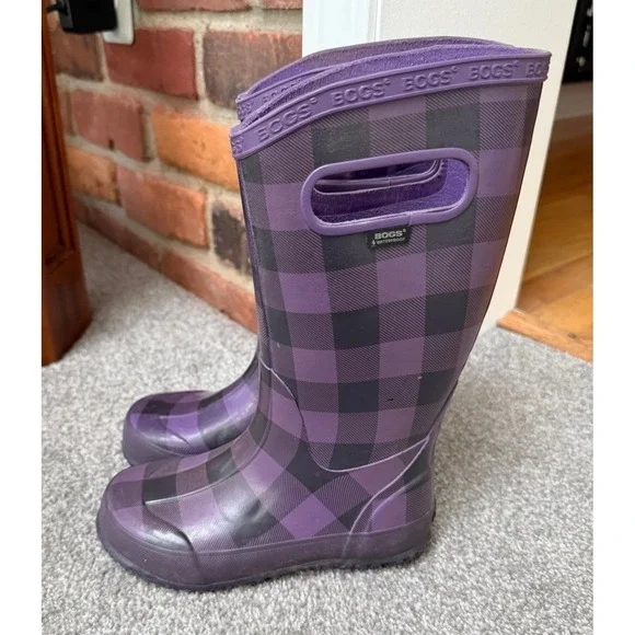 Bogs Kids Purple Buffalo Plaid Waterproof Rain Boots Size 13