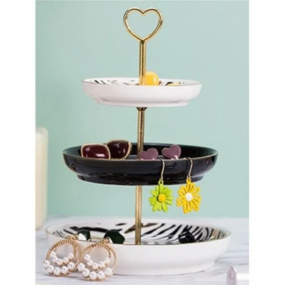 Joyvio Ceramic 3 Tiered Jewelry Dish Tray Zebra Print‎ Dream Gold Heart Handle